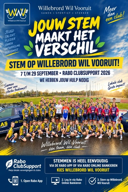Rabo ClubSupport 2026 poster met oproep om op Willebrord Wil Vooruit te stemmen